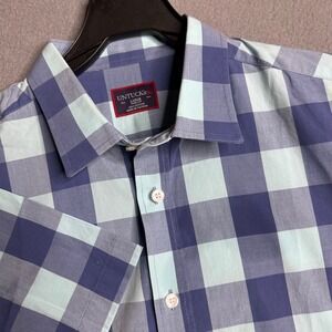 UNTUCKit Mens Large Slim Fit Gingham Check Short Sleeve Button‎ Down Shirt Blue